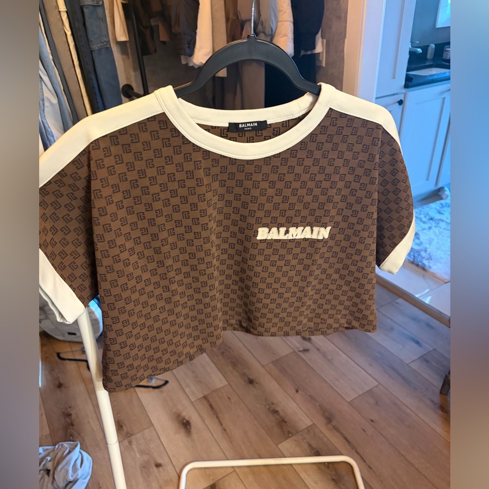 Balmain Brown and White Crop Top